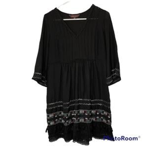 Anthropologie Ranna Gill Black Daphne Dress Women's Size XSP Lined Boho Tassle